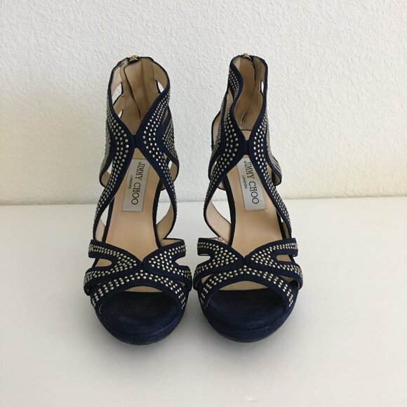 Jimmy Choo Womens 36-6US Karla Suede Mini Studs Navy/Silver Dust Bag Box 4"Heels - Picture 3 of 16